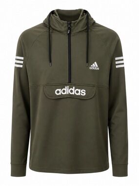 adidas Olive Green Half-Zip Hooded Pullover with Logo